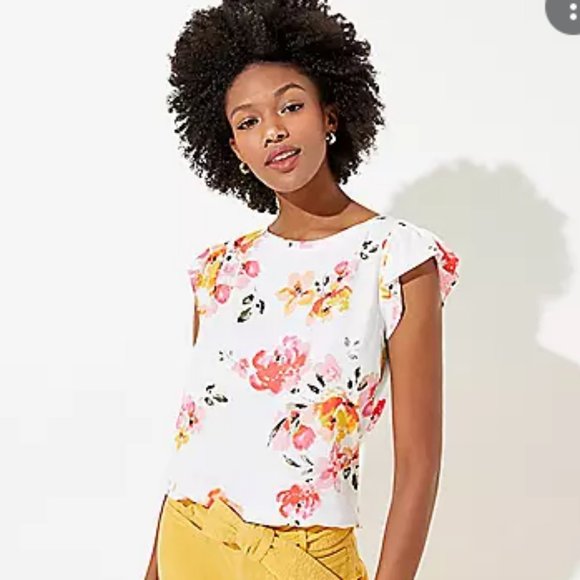 Loft Blossom Ruffle Sleeve mixed media top xs - Picture 1 of 1